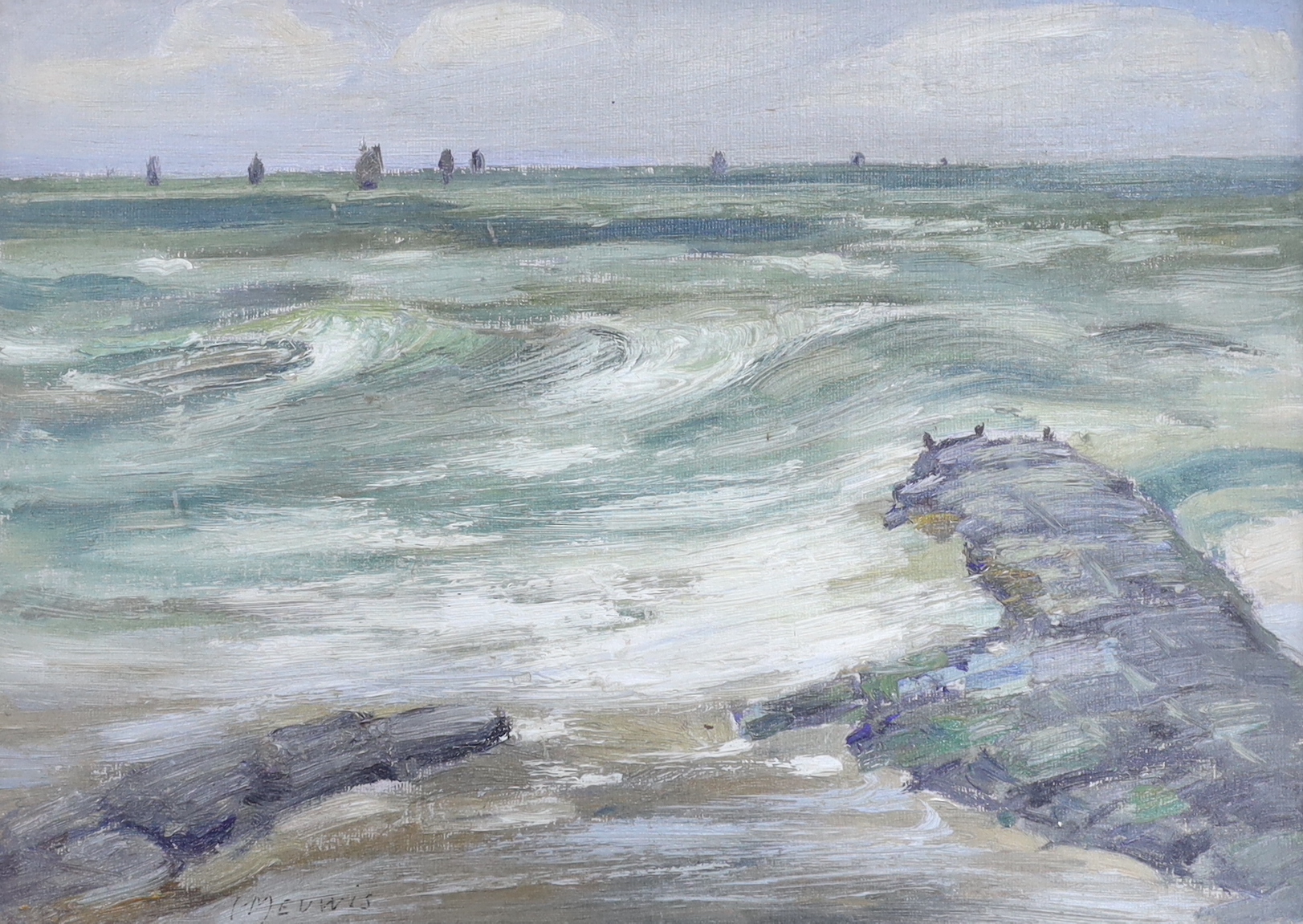 Henri Meuwis (Belgian, 1870-1935), oil on board, Seascape, signed, Brussels label verso, 23 x 32cm